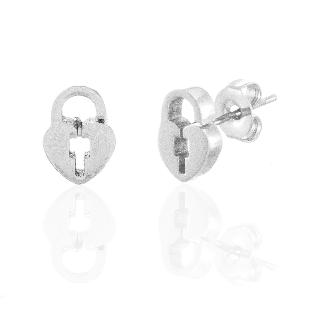 Heart & Key Style Silver Stainless Steel Earrings